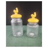 TWO Ceramic Yellow ROOSTER Lidded Ribbed Glass