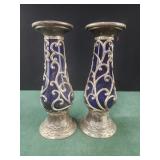 2 Vintage Cobalt Blue Glass and Metal Filigree
