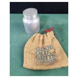 Aluminum canister, grits cookbook burlap sac,