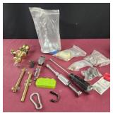 Assorted tools and hardware, shower head, door