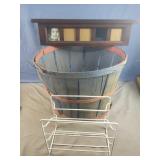 Wood basket, metal rack and a wood photo shelf