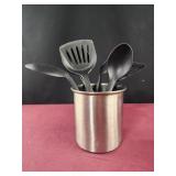 Stainless canister 6" with black spatula spoon