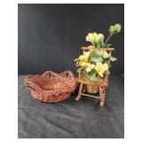 Faux flowers wooden mini rocking chair, 9" basket