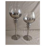 Set of 2 silver and clear glass pedestal candle