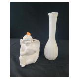Milk glass vase 9", ceramic angel plant holder