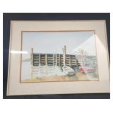 27x21 boat and dock painting signed Richard Lewis