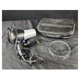 Hair dryer, make up bag, mirror