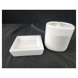 Ceramic white soap dish and toothbrush holder
