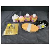 Eyebrow kit, scrunchie, brush, bath bomb, shower