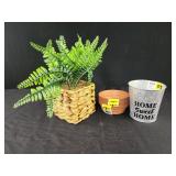 Home sweet home tin, faux plant, tray