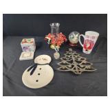 Assorted christmas items, decor, mug, trivet,