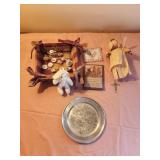 Towle pewter floral plate, miniature tea set,