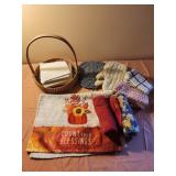 Kitchen towels, pot holders, basket