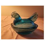 Vintage Colored Glass Blue / Turquoise Hen on