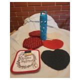 Trivets, pot holders set, glass ello bottle