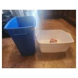 Plastic tub and blue trash can, lava soap.