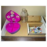Marbles, Jacks, Glass Bottle & Kids Jewlery Box
