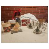 Christmas glass mugs, tin, candle, golden flower