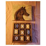 Carved Wooden horse block, tic tac toe game