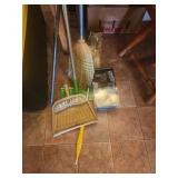 Vintage metal dustpan,  swiffer, broom, flag pole