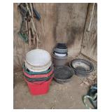 Planters, buckets with handles and plastic feed