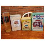Collectible tins, borax, chicken bank