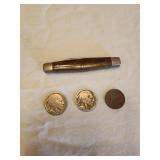 1916 wheat penny, 2 Buffalo nickels can