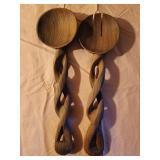 Carved Wood Salad Serving Spoons Twisted Handles
