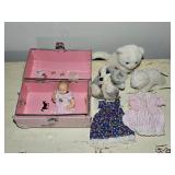 Box w/ Rubber Doll, Doll Clothes & Plush Animals