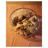 10" glass bowl with seashells and coral