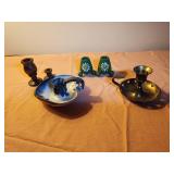 Brass, pottery and wooden candle holders
