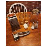 Grater, ball jars, salt and pepper shakers