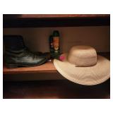 Gardening tool, floppy hat, bug spray, boots
