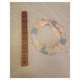 Easter homemade wreath, wooden welcome sign