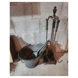 Cast iron fireplace set, coal bucket with shovels