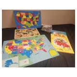 Wooden puzzles, vtg coloring books, magnetic usa