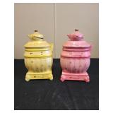 7" two Vtg pot belly stove with tea pot bank,