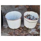 2 Vintage Enamelware Buckets w/ Contents