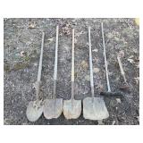 4 Shovels, Broom & Broken Hoe