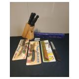 Knife block, fork and assorted knives