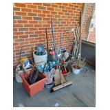 Push broom, wire, water hose nozzle, strainer,