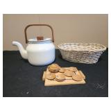 Vintage enamel and wood tea kettle, wooden mini