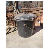 vintage black steel ash bucket with a lid and