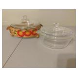 Glass round bowls with lids and a stand