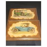 Vtg 9x6 Set of 2 Wall Plaque Cars Wooden Packard