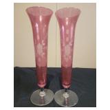 Vintage cranberry glass etched vases 20" tall