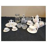 Vintage miniature teasets and glass bell, salt