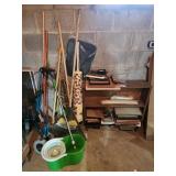 Wood shelf, rake, vintage vacuums, mop, walker,