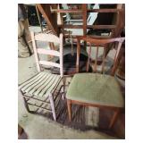 3 vintage chairs and metal fireplace wood caddy