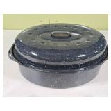 Vtg Black Speckled Enamelware Oval Roaster